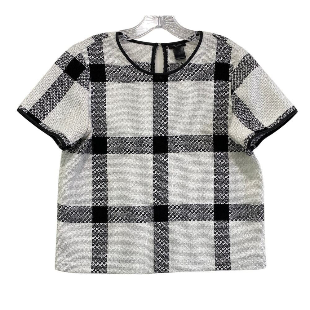 Ann Taylor Windowpane Plaid Boxy Tweed Top Size S Girl Boss Faux Leather Trim
